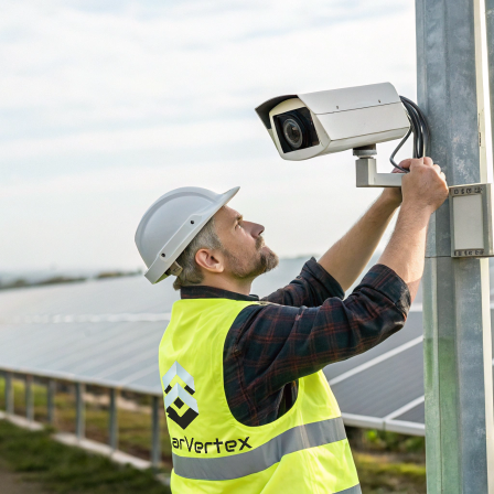 Solar Farm CCTV technician fitting a perimeter security system